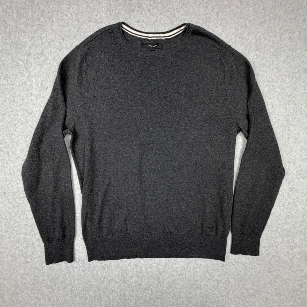 Tahari Sweater Mens S Gray Cotton Knitted Crew Neck Long Sleeve Pullover Outdoor